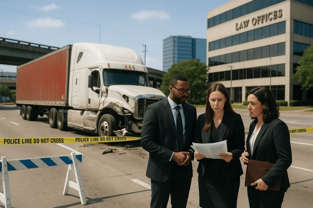 18 wheeler accident lawyer discussing a Houston 18 wheeler truck accident case near the crash site with law firm in background