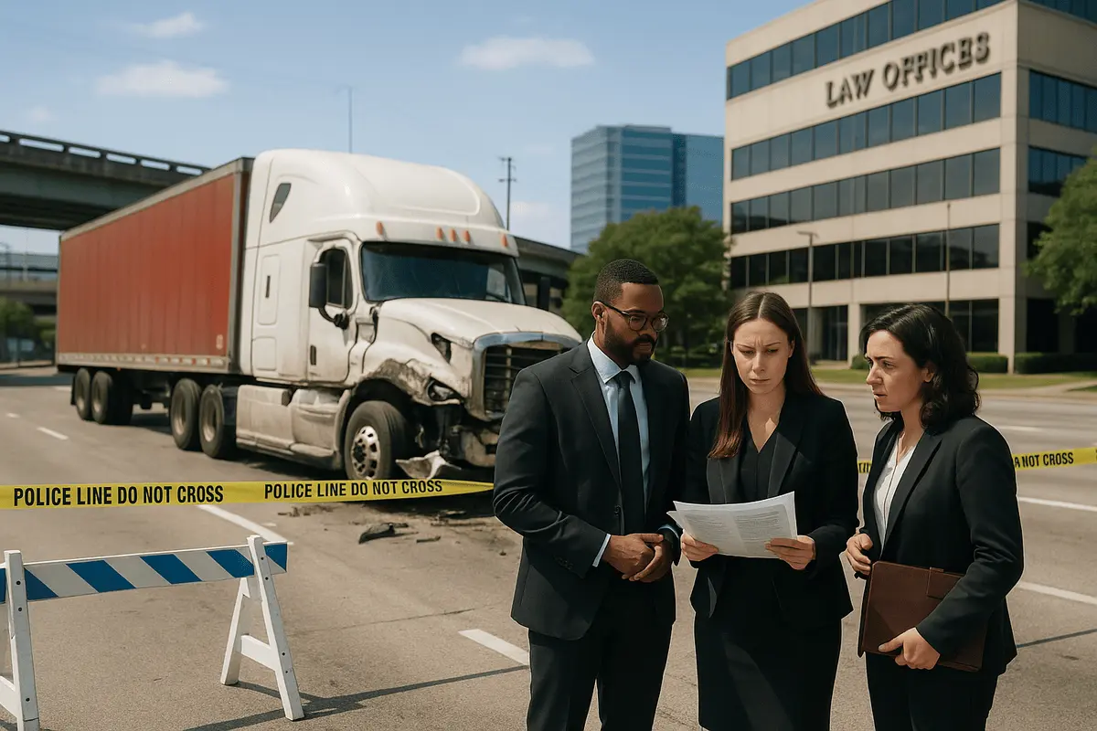 18 wheeler accident lawyer discussing a Houston 18 wheeler truck accident case near the crash site with law firm in background