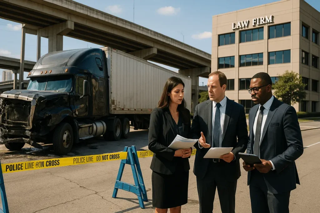 Truck accident lawyer team consulting about a truck accident case in a modern office setting in the USA